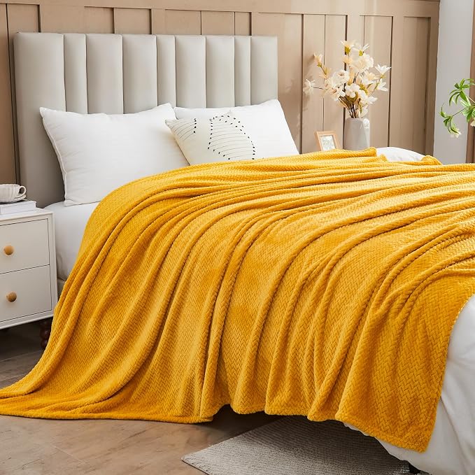 NEWCOSPLAY Super Soft King Blanket Mustard Yellow Premium Silky Flannel Fleece - Image 3