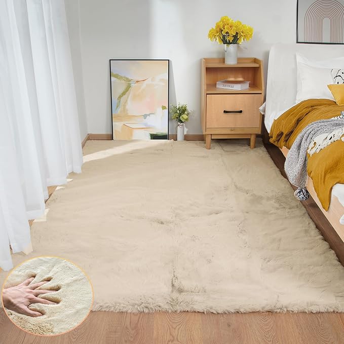 5x7 Area Rug Light Brown Beige Plush Shaggy Rugs by ORINOVA