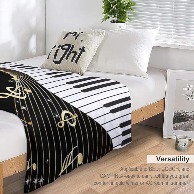 Music Note Blanket Black White Piano Keys Gold Music Note Soft Cozy Lightweight - Image 3