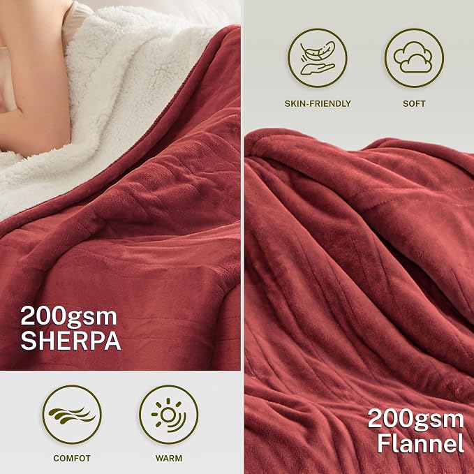 Heat Blanket 72”x84” Full Size, Soft Flannel & Sherpa Reversible Electric - Image 3