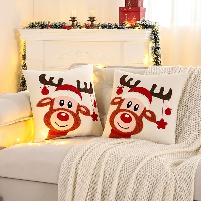 LUOYEHK Christmas Pillow Covers 18x18 Set of 2 Cute Reindeer Decorative Beige - Image 2