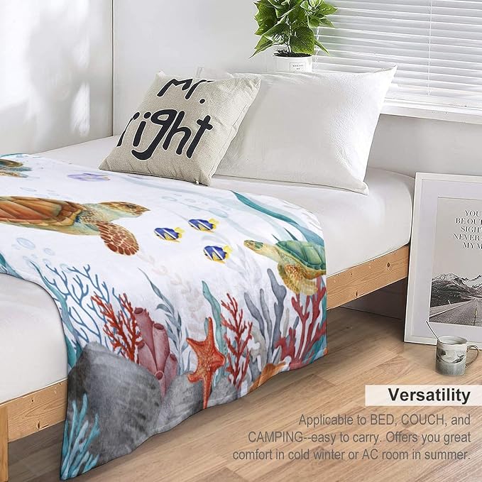 Sea Turtle Throw Blanket, Teal Blue Ocean Underwater Animal Starfish Fish - Image 5