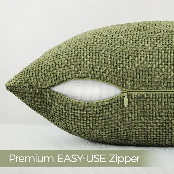 a moment Olive Green Chenille Throw Pillow Covers 20x20 Inch Pack of 2 Modern - Image 2