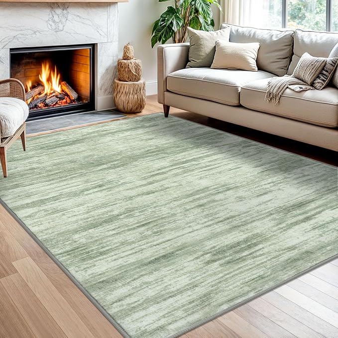 5x7 Modern Abstract Area Rug for Bedroom, Light Sage Green and Ivory Large by SiiloomRug
