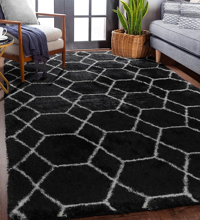 ONASAR Area Rugs for Living Room Bedroom, 5x8 Washable Fluffy Black and White - Image 3