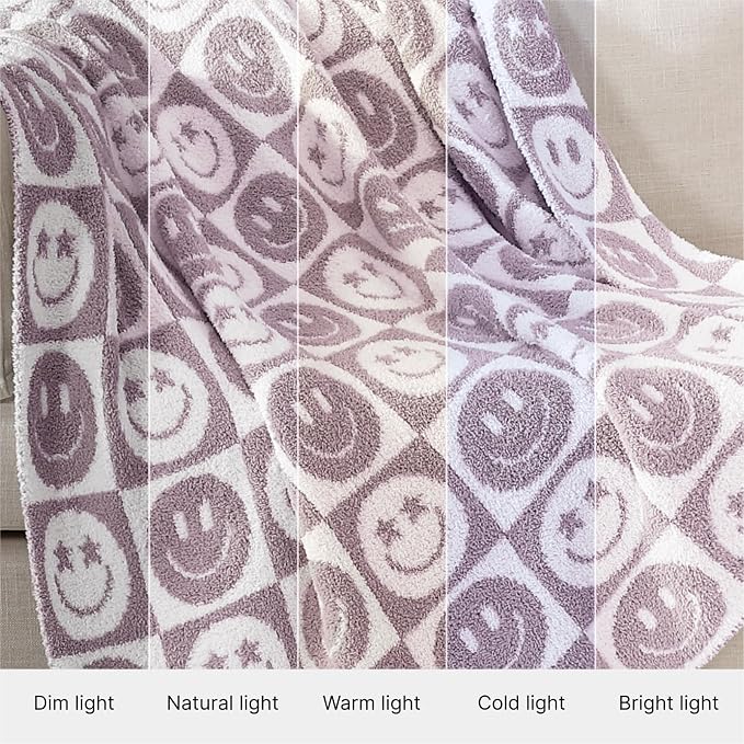 WRENSONGE Checkered Throw Blanket Lilac Smiling Face Soft Cozy Fluffy Warm Hand - Image 7