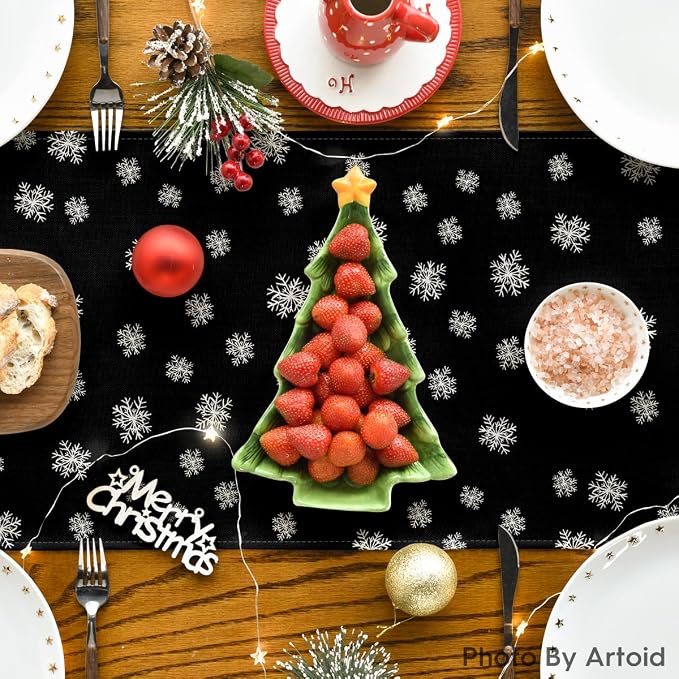 Artoid Mode Black Pine Tree Snowflake Merry Christmas Table Runner, Seasonal - Image 4