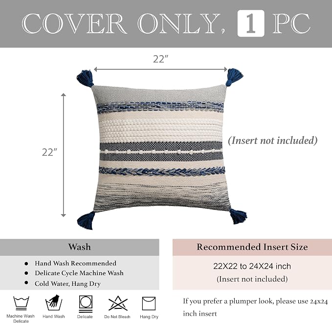 BlissBlush Navy Dark Blue Boho Throw Pillow Cover 22x22 Grey Decorative Accent - Image 5