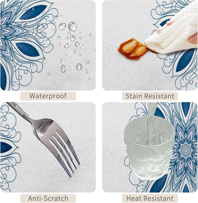 70x90inches Boho Floral Print Tablecloth Blue White Bohemian Floral Pattern - Image 4