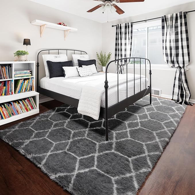 ONASAR Area Rugs for Living Room Bedroom, 5x8 Washable Fluffy Grey and White Rug - Image 6