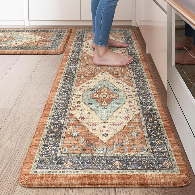 KIMODE Anti Fatigue Kitchen Mat 20"x47"+20"x32", Boho Distressed Kitchen Rugs by KIMODE