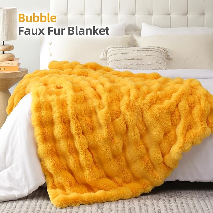 Smoofy Faux Fur Throw Blanket for Couch – Mustard Yellow Fluffy Cozy Rabbit - Image 2