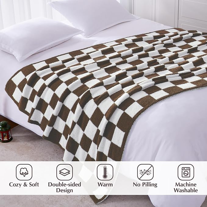 WRENSONGE Checkered Throw Blanket, Coffee Soft Cozy Fluffy Warm Hand Made Throw - Image 3