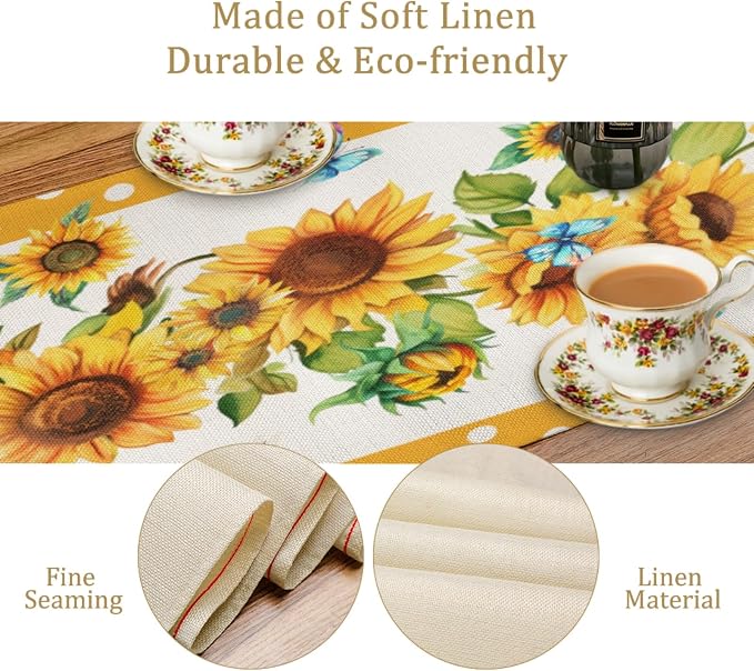 Sunflower Table Runner, Cotton Linen Floral Yellow 13x36 inch Bohemian Table - Image 4