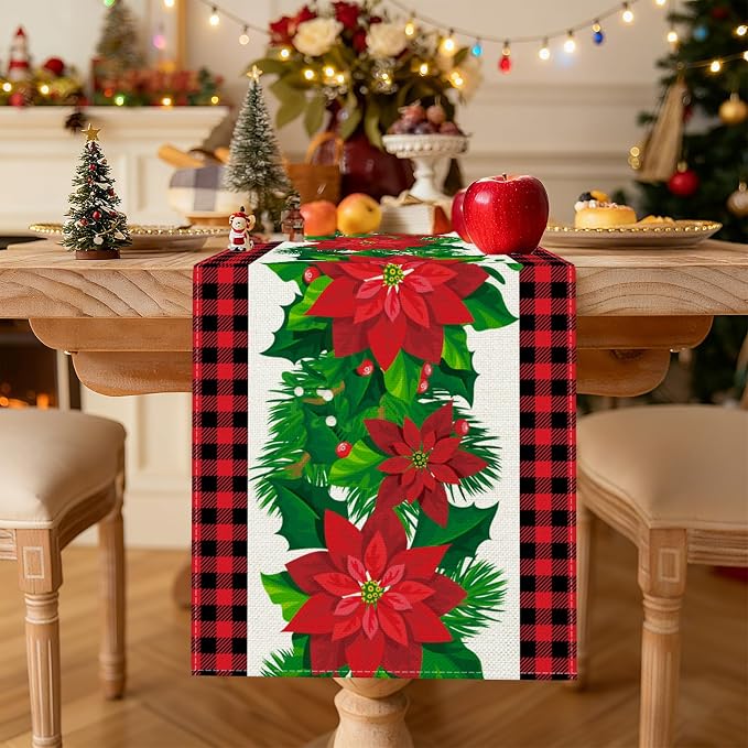 OTOSTAR Black and Red Buffalo Check Plaid Holly Christmas Flowers Table Runner by OTOSTAR