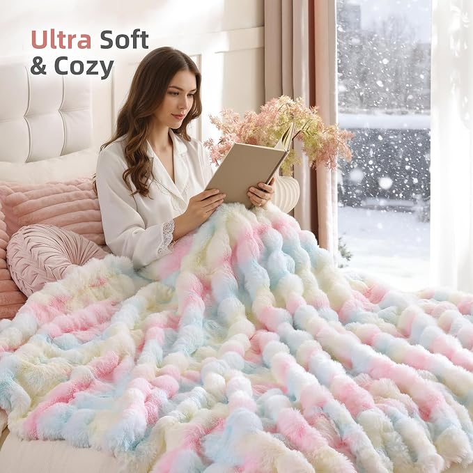 Smoofy Faux Fur Throw Blanket for Couch – Rainbow Fluffy Cozy Rabbit Fleece - Image 4