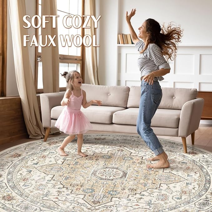 Round Rug Living Room Rugs: 8Ft Washable Boho Neutral Large Circle Soft Indoor - Image 3
