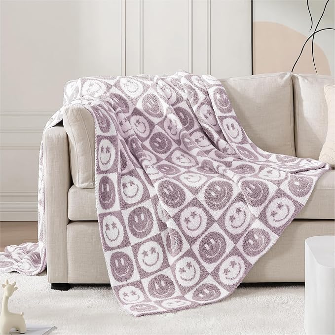 WRENSONGE Checkered Throw Blanket Lilac Smiling Face Soft Cozy Fluffy Warm Hand by WRENSONGE