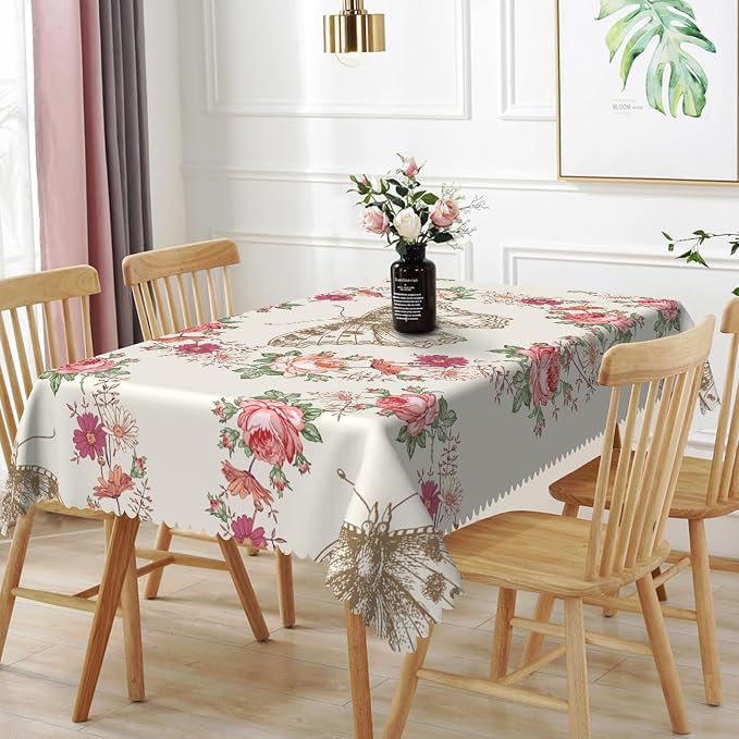 70x140inches Floral Rectangle Tablecloth Red Rose Flower Butterfly Printed by TTQYFNM