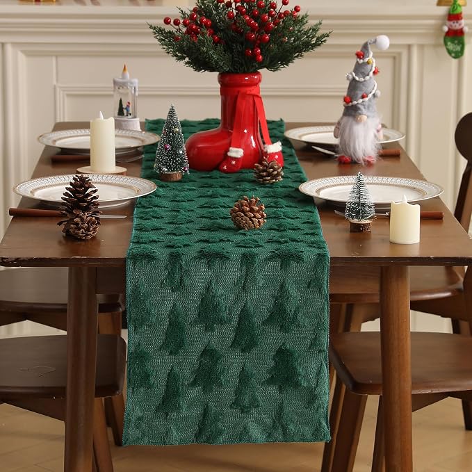 Christmas Tbale Runner 13x36 Inch Soft Plush Faux Fur Jacquard Green Big Small - Image 2