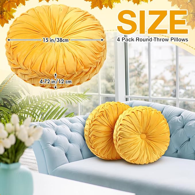 2 Pcs Round Throw Pillows 15 Inch Decorative Velvet Pleated Pumpkin Floor Boho - Image 2