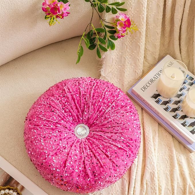 Round Throw Pillow, 13.7" Soft Glitter Sequin Pleated Pumpkin Decorative Round - Image 2