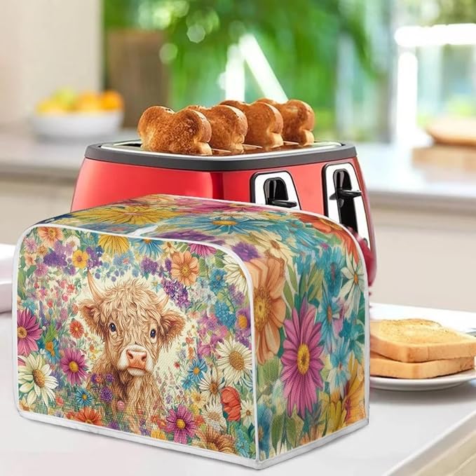 ZFRXIGN Flower Highland Cow Toaster Covers 4 Slice Toaster Dust Cover Hippie - Image 3