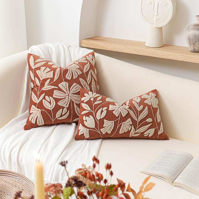 BlissBlush Fall Throw Pillow Cover 20x20, Rust Brick Red Soft Velvet Floral - Image 9