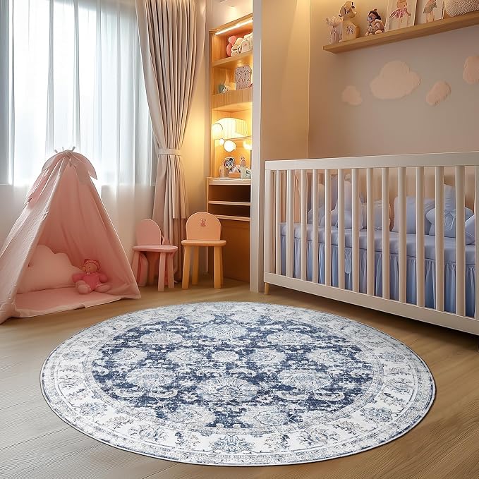 jinchan Fiora Round Rug 4ft Area Rugs Vintage Floral Distressed Design - Image 3