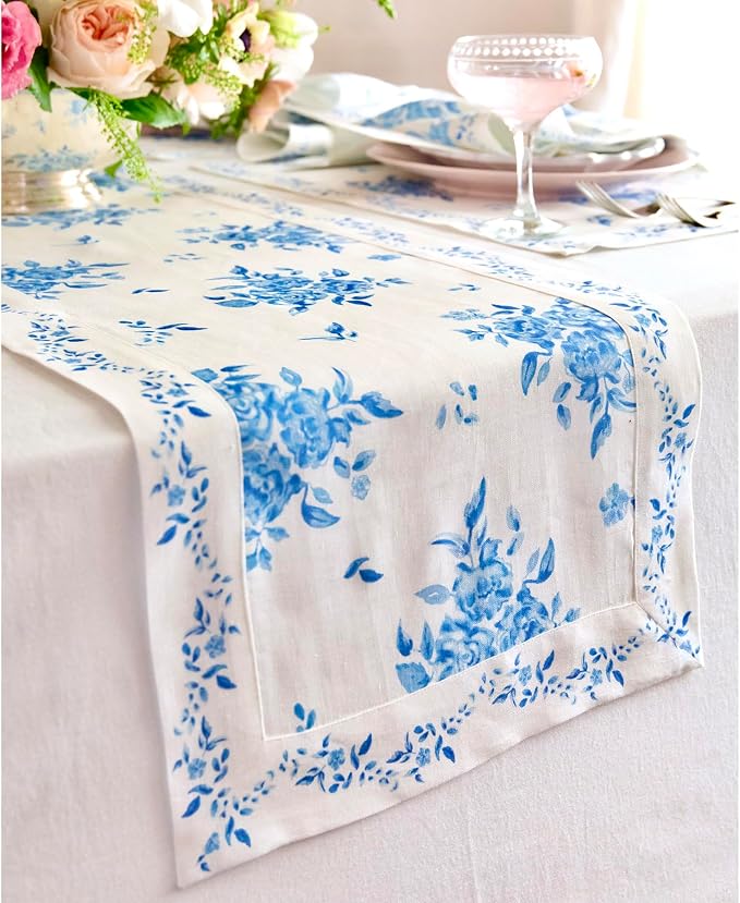 Solino Home Blue Floral Print Table Runner 120 Inches Long - Image 2