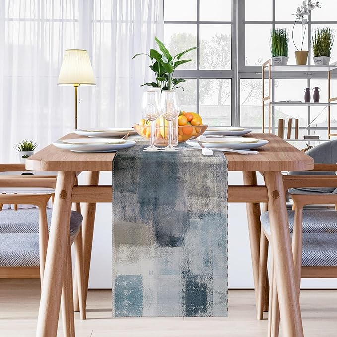 Emvency Farmhouse Table Runner, Vintage Blue and Grey Abstract Art Painting - Image 7