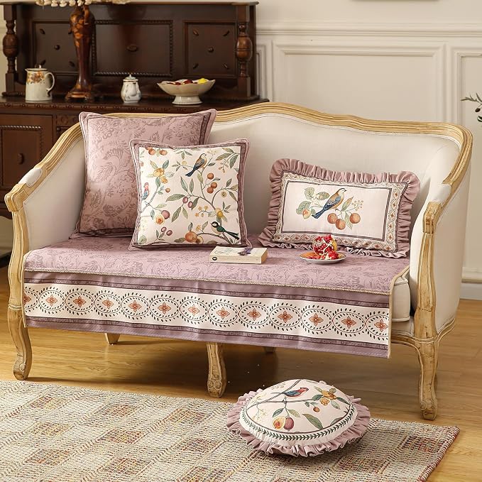 Pink Farmhouse Round Throw Pillow Covers, Birds and Flowers Pattern Cozy Velvet - Image 3