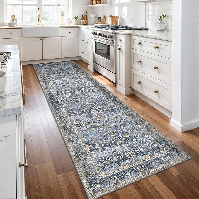 KUTA Vintage Washable Runner Rug, 2.6x10 Blue Grey Beige Runners - Image 2