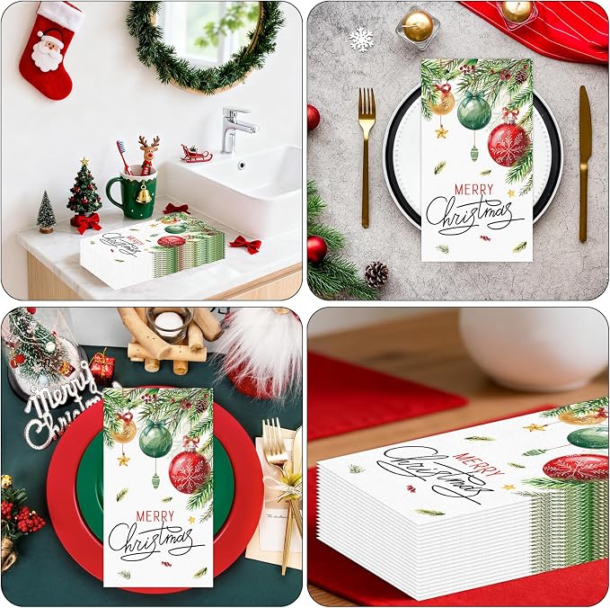 100 PCS Christmas Paper Napkins, Disposable Xmas Ornament Bathroom Guest Hand - Image 7