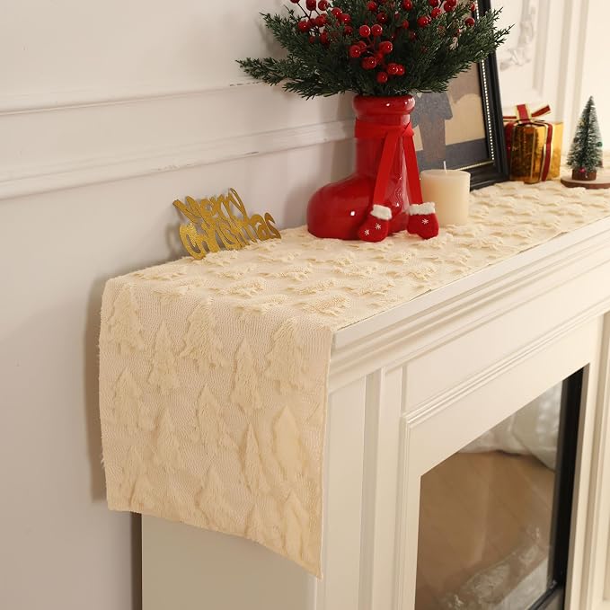 Christmas Tbale Runner 13x120 Inch Soft Plush Faux Fur Jacquard Beige Big Small - Image 4
