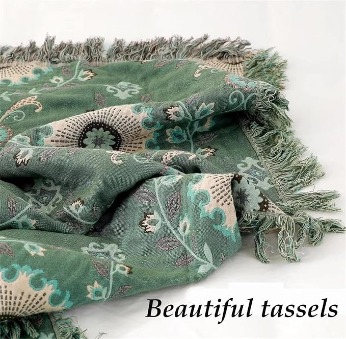 MSGKV Green Boho Throw Blanket for Bed Couch, 100% Cotton Mexican Picnic - Image 2