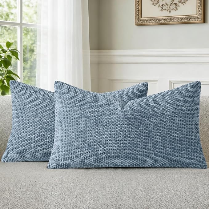 a moment Blue Chenille Throw Pillow Covers 12x20 Inch Pack of 2 Modern by amoment