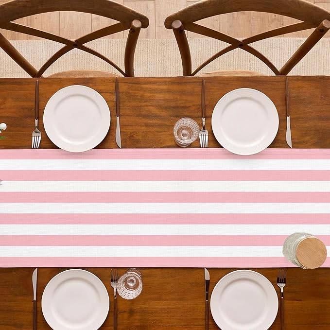 Pink and White Vertical Striped Table Runner Light Pink Birthday Party - Image 5