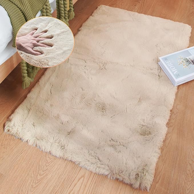 Beige Plush Faux Rabbit Shaggy Fur Rugs by ORINOVA