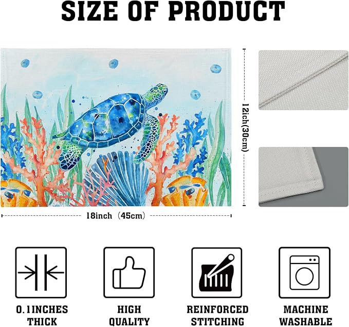 Giwawa Sea Turtle Placemats Set of 4, Watercolor Blue Tortoise Place Mat 12x18 - Image 4