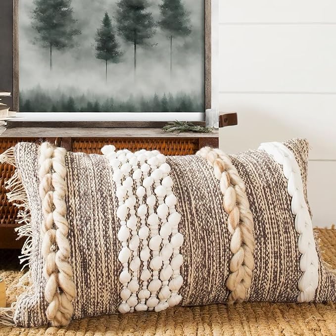Decorative Boho-Chic Lumbar Pillow Cover 12x20 Premium Handwoven Tufted Cotton by Cozydeko