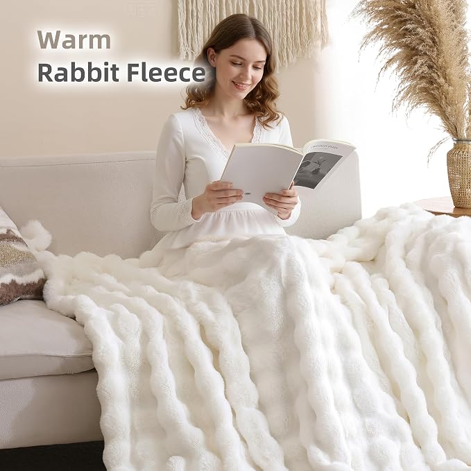 Smoofy Faux Fur Throw Blanket for Couch – Cream White Fluffy Cozy Rabbit Fleece - Image 5
