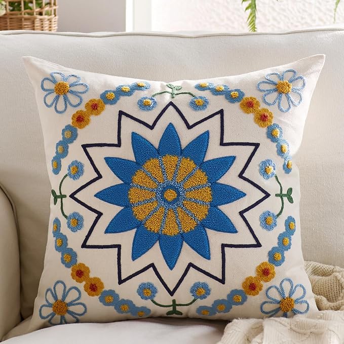 Embroidered Throw Pillow Cover 22x22 Classic Boho Floral Pattern Pillows Cover by Unknown