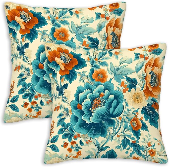 Turquoise Floral Throw Pillow Covers Set of 2 | Teal Vintage Flower Pillow Cases by Unknown