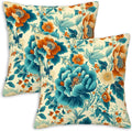 Turquoise Floral Throw Pillow Covers Set of 2 | Teal Vintage Flower Pillow Cases by Unknown