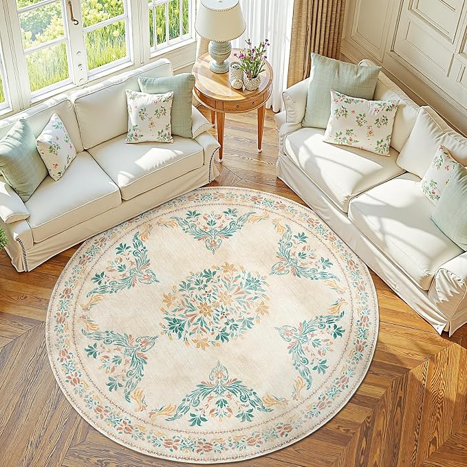 jinchan Round Rug 6ft Area Rugs Vintage Floral Distressed Design, Machine by JINCHAN