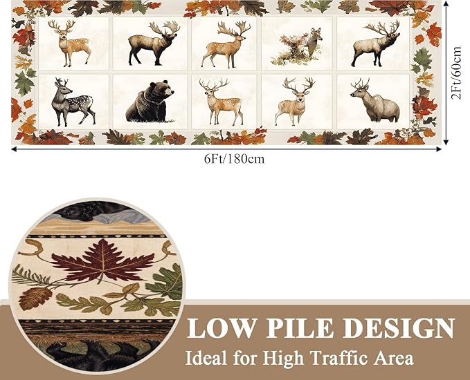 Beige Checkered Maple Bear Elk Hallway Rug 2x8ft Bohemian Vintage Floor Mat - Image 2