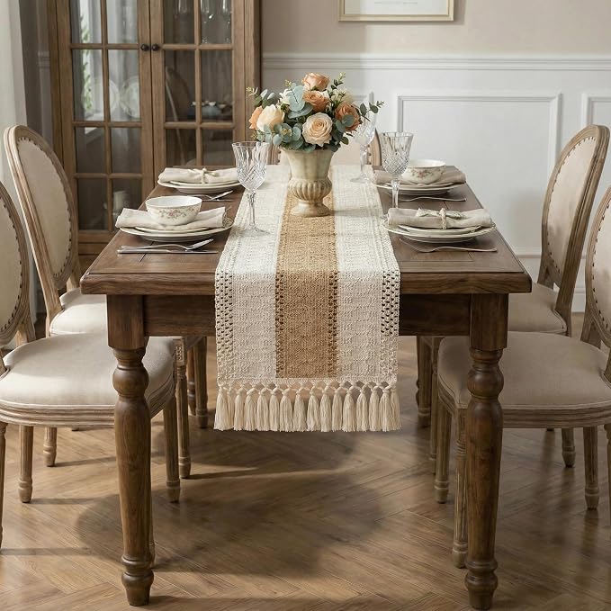Boho Macrame Table Runner with Tassels Farmhouse Rustic Dining Woven Table - Image 7