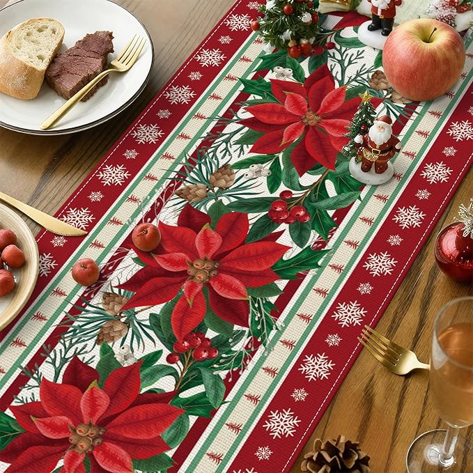 OTOSTAR Snow Holly Pinecone Christmas Red Flower Table Runner, Xmas Seasonal - Image 3