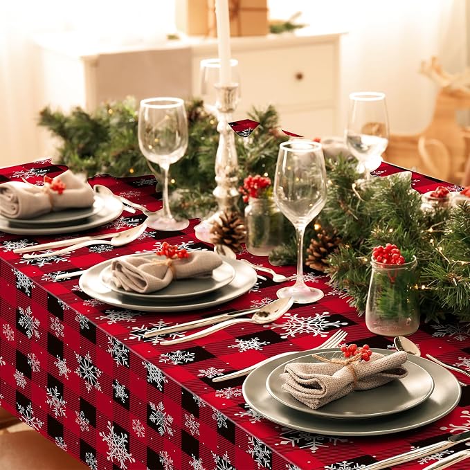 3 Pieces Red and Black Buffalo Plaid Merry Christmas Party Tablecloth - Image 5